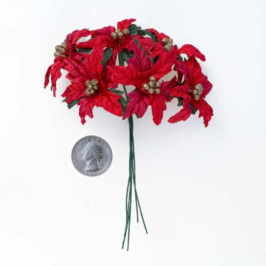 6 Red Fabric Millinery Poinsettias ~ Austria ~ 2"